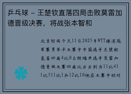 乒乓球 - 王楚钦直落四局击败莫雷加德晋级决赛，将战张本智和